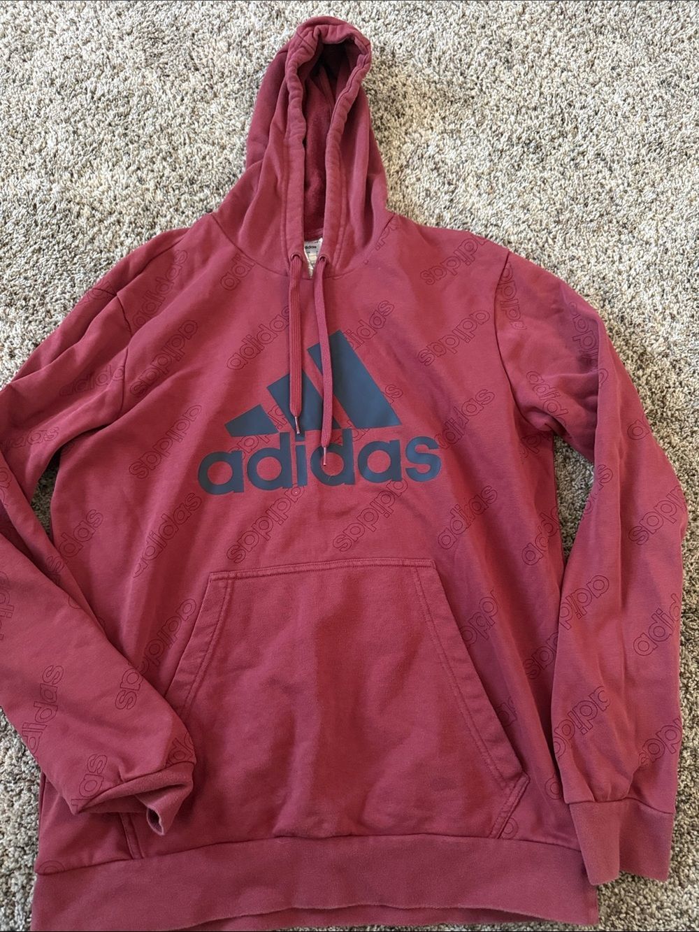 Adidas Mens Hoodie Burgundy Maroon All Over Print Logo Pullover Sweatshirt L
